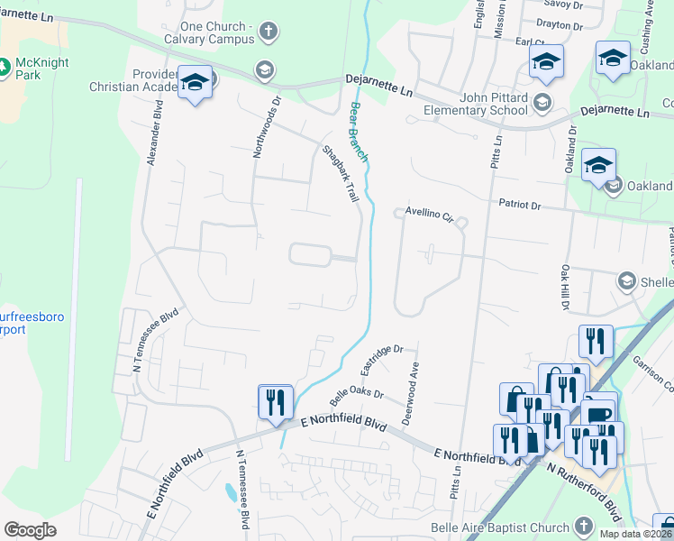 map of restaurants, bars, coffee shops, grocery stores, and more near 1407 North Woods Cove in Murfreesboro