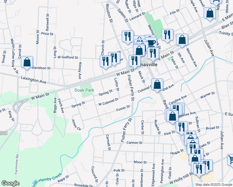 map of restaurants, bars, coffee shops, grocery stores, and more near 206 Spring Street in Thomasville