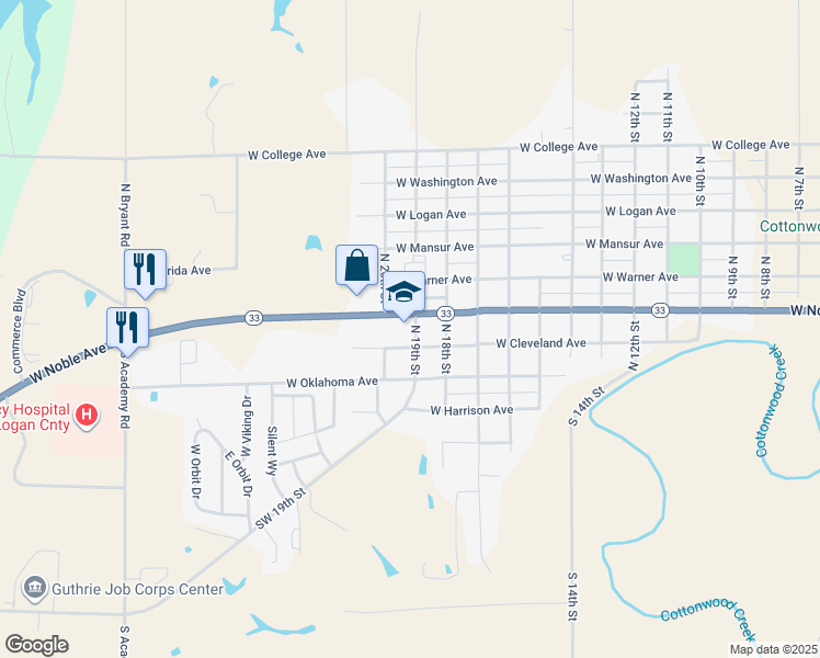 map of restaurants, bars, coffee shops, grocery stores, and more near 2001 West Noble Avenue in Guthrie