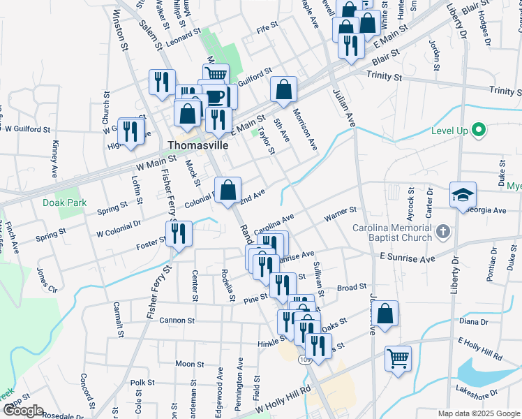 map of restaurants, bars, coffee shops, grocery stores, and more near 209 Randolph Street in Thomasville