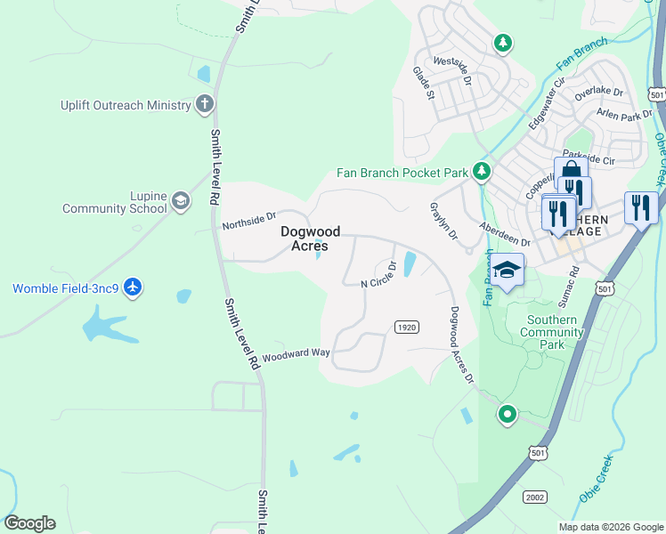 map of restaurants, bars, coffee shops, grocery stores, and more near 29 North Circle Drive in Chapel Hill