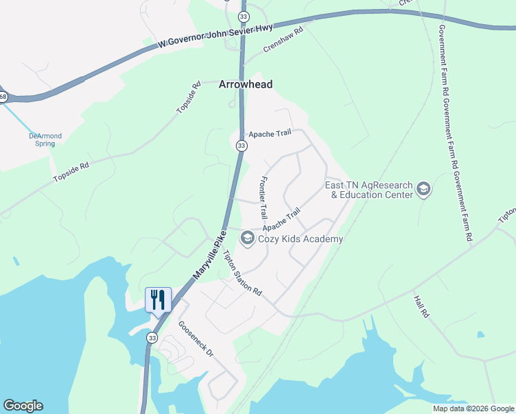 map of restaurants, bars, coffee shops, grocery stores, and more near 6009 Rawhide Trail in Knoxville