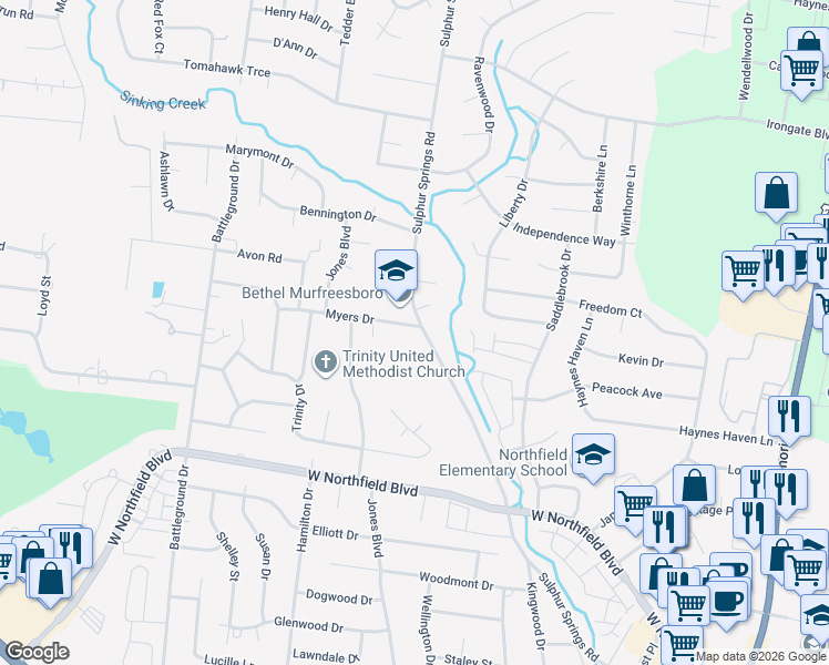 map of restaurants, bars, coffee shops, grocery stores, and more near 1423 Sulphur Springs Road in Murfreesboro