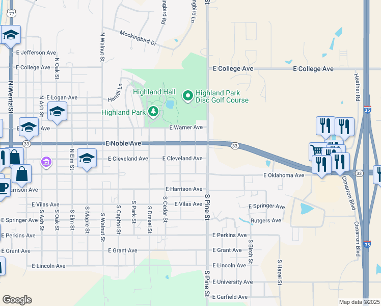map of restaurants, bars, coffee shops, grocery stores, and more near 1401 East Noble Avenue in Guthrie