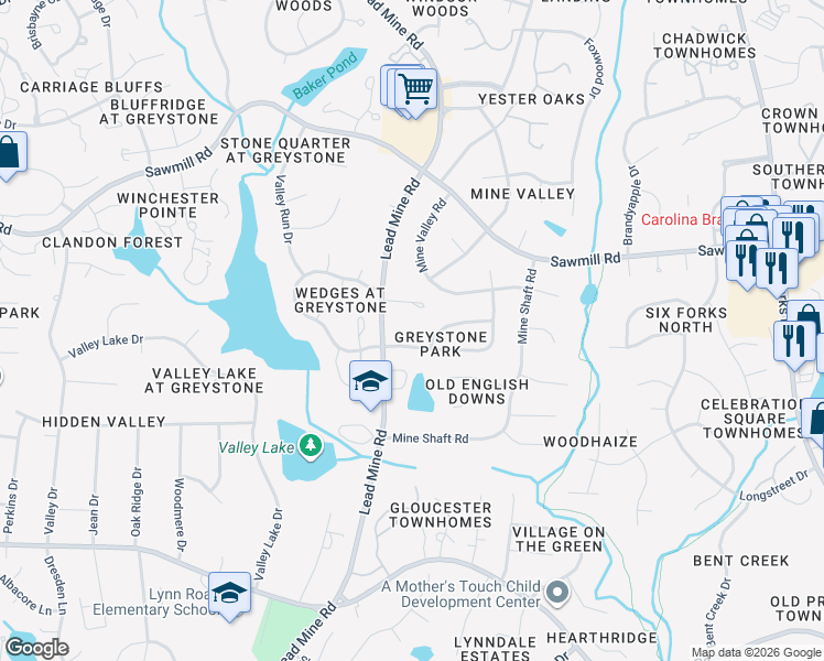 map of restaurants, bars, coffee shops, grocery stores, and more near 7312 Lead Mine Road in Raleigh