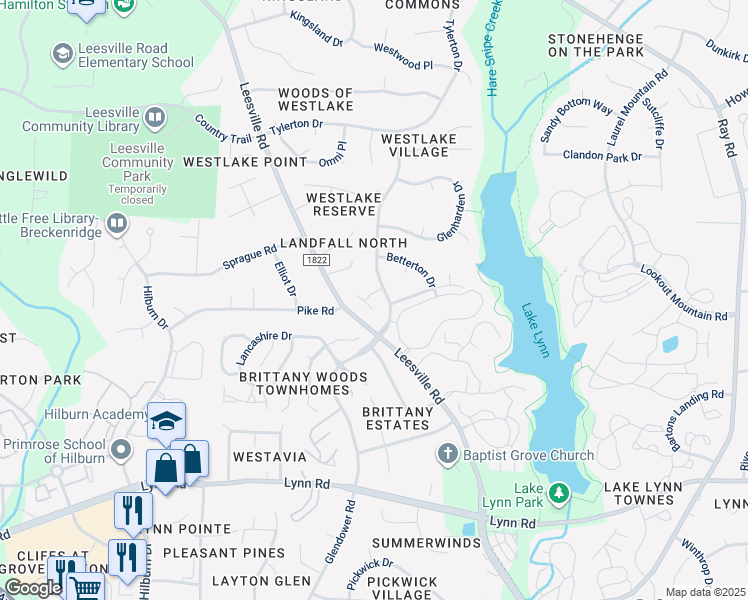 map of restaurants, bars, coffee shops, grocery stores, and more near 4205 Tolchester Place in Raleigh