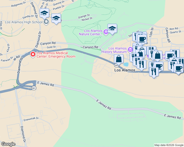 map of restaurants, bars, coffee shops, grocery stores, and more near 23 Timber Ridge Road in Los Alamos