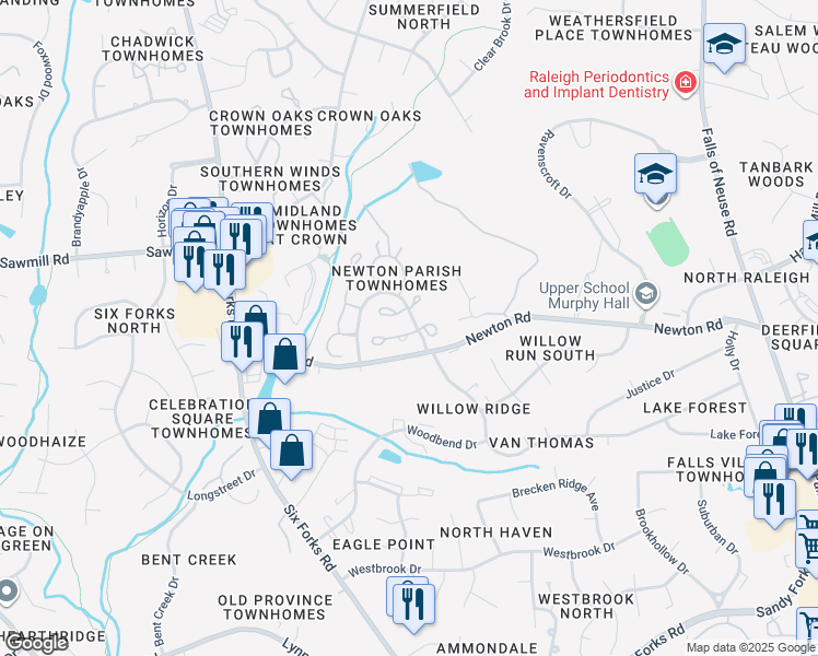 map of restaurants, bars, coffee shops, grocery stores, and more near 201 Bracken Court in Raleigh