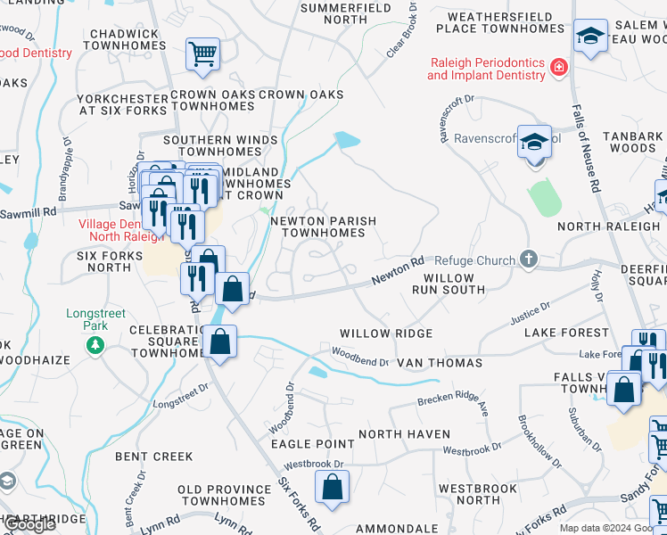 map of restaurants, bars, coffee shops, grocery stores, and more near 201 Bracken Court in Raleigh