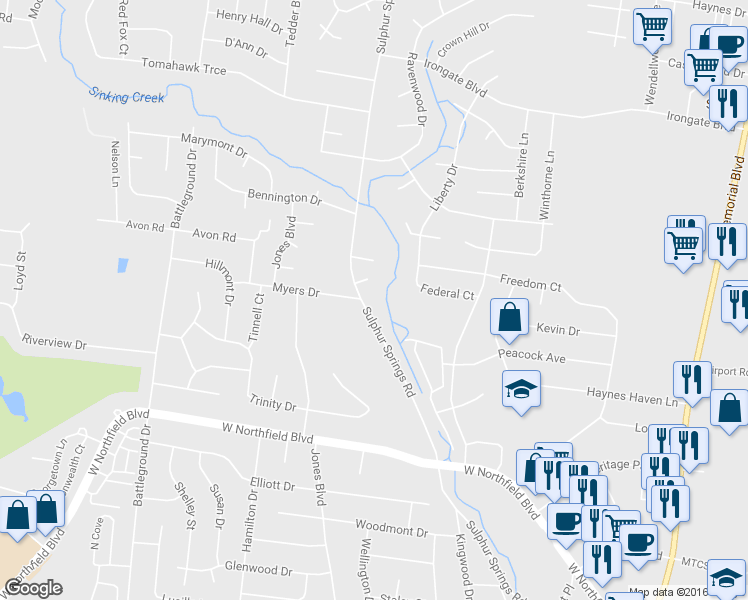 map of restaurants, bars, coffee shops, grocery stores, and more near 1502 Sulphur Springs Road in Murfreesboro