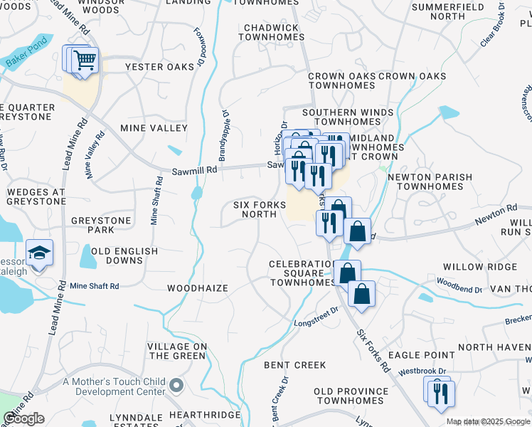 map of restaurants, bars, coffee shops, grocery stores, and more near 7604 Longstreet Drive in Raleigh