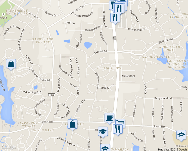 map of restaurants, bars, coffee shops, grocery stores, and more near 7309 Wilderness Road in Raleigh