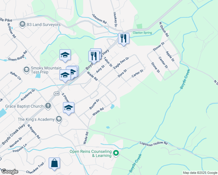 map of restaurants, bars, coffee shops, grocery stores, and more near 802 Dora Street in Seymour