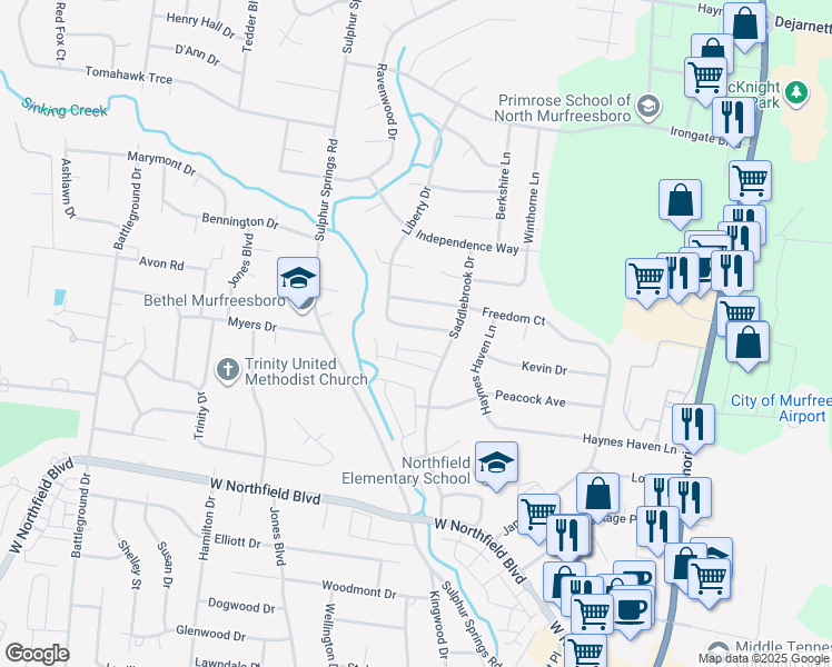 map of restaurants, bars, coffee shops, grocery stores, and more near 603 Federal Court in Murfreesboro