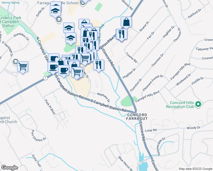 map of restaurants, bars, coffee shops, grocery stores, and more near 133 Concord Road in Knoxville