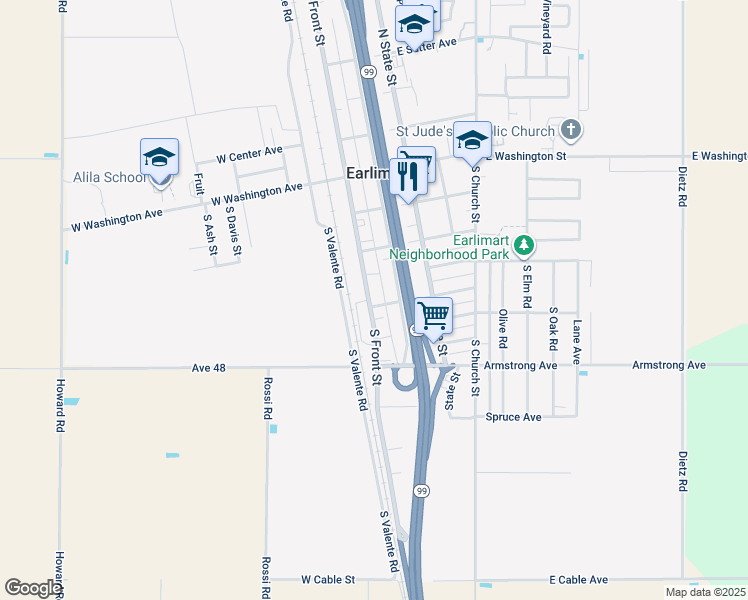 map of restaurants, bars, coffee shops, grocery stores, and more near 540 South Front Street in Earlimart