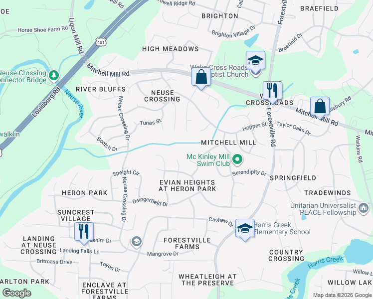 map of restaurants, bars, coffee shops, grocery stores, and more near 3205 Enchanting Way in Raleigh