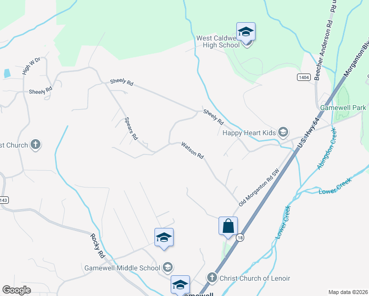 map of restaurants, bars, coffee shops, grocery stores, and more near 2161 Watson Street Northwest in Lenoir