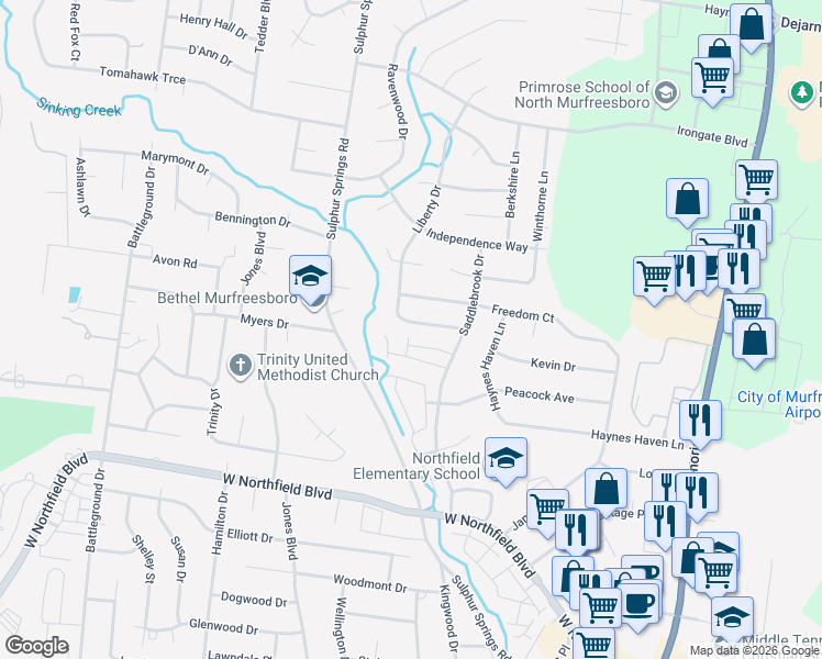 map of restaurants, bars, coffee shops, grocery stores, and more near 528 Federal Court in Murfreesboro