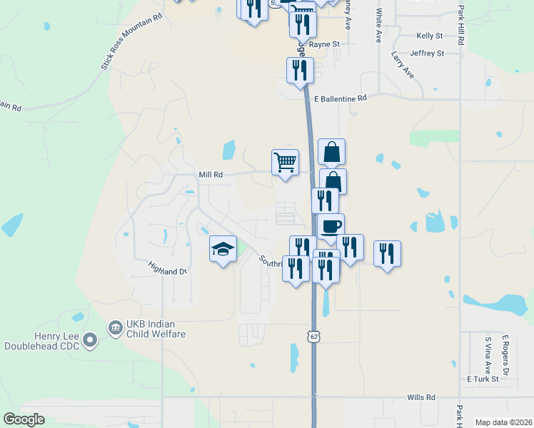 map of restaurants, bars, coffee shops, grocery stores, and more near 3280 Muskogee Avenue in Tahlequah