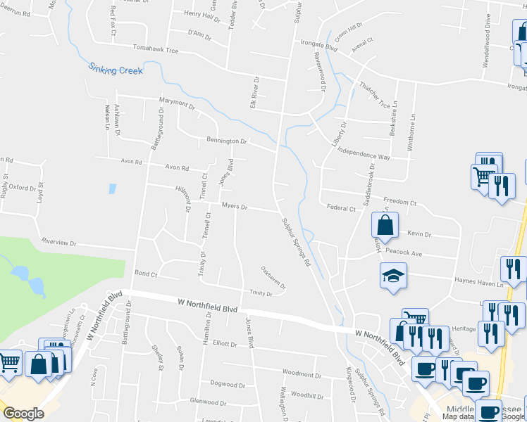map of restaurants, bars, coffee shops, grocery stores, and more near 1207 Myers Drive in Murfreesboro
