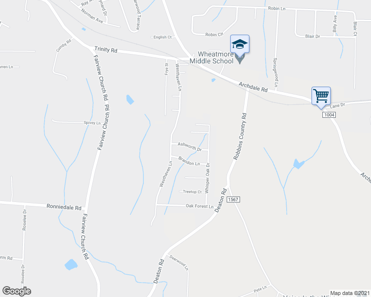 map of restaurants, bars, coffee shops, grocery stores, and more near 111 Ashworth Drive in Trinity