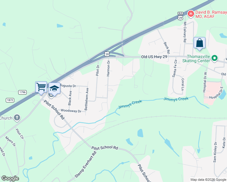 map of restaurants, bars, coffee shops, grocery stores, and more near 135 Harmon Drive in Thomasville