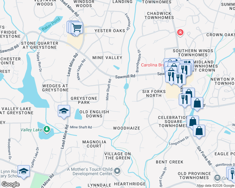 map of restaurants, bars, coffee shops, grocery stores, and more near 516 Smokeridge Lane in Raleigh