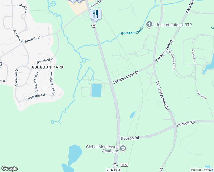 map of restaurants, bars, coffee shops, grocery stores, and more near 5928 North Carolina 55 in Durham