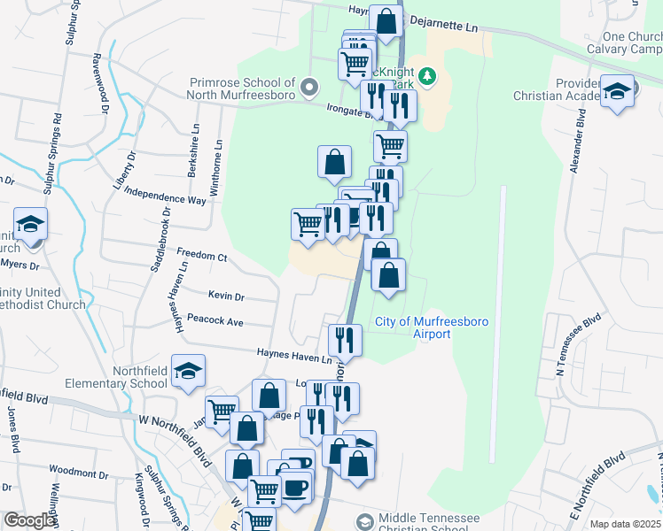 map of restaurants, bars, coffee shops, grocery stores, and more near 2255 Memorial Boulevard in Murfreesboro