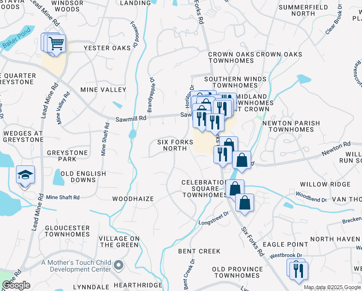 map of restaurants, bars, coffee shops, grocery stores, and more near 7608 Longstreet Drive in Raleigh