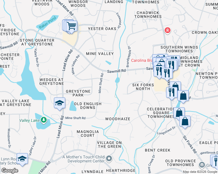 map of restaurants, bars, coffee shops, grocery stores, and more near 516 Smokeridge Lane in Raleigh