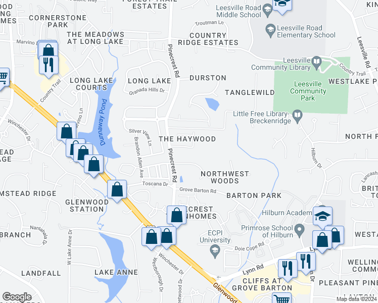 map of restaurants, bars, coffee shops, grocery stores, and more near 7433 Haywood Oaks Drive in Raleigh