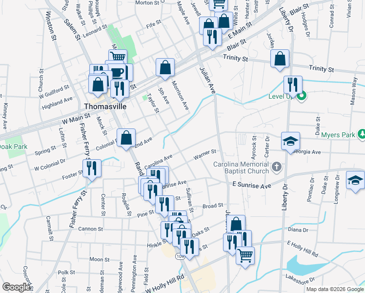 map of restaurants, bars, coffee shops, grocery stores, and more near 206 Carolina Avenue in Thomasville