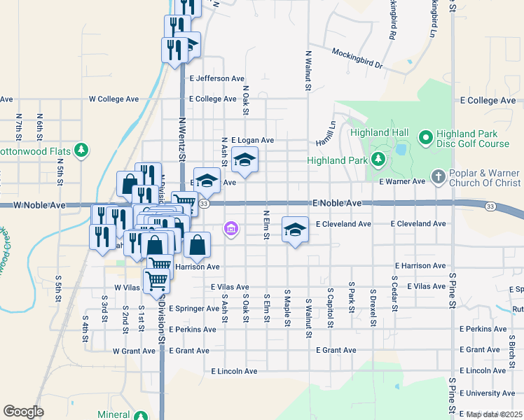 map of restaurants, bars, coffee shops, grocery stores, and more near 223 North Elm Street in Guthrie