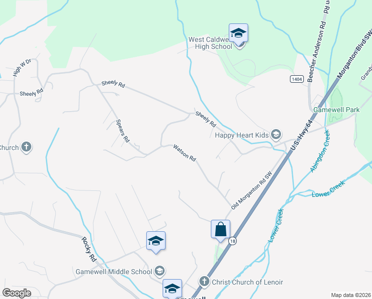 map of restaurants, bars, coffee shops, grocery stores, and more near 2161 Watson Street Northwest in Lenoir