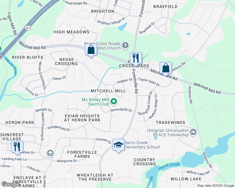 map of restaurants, bars, coffee shops, grocery stores, and more near 3527 Hamilton Mill Drive in Raleigh