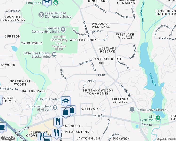 map of restaurants, bars, coffee shops, grocery stores, and more near 7604 Rambeau Circle in Raleigh