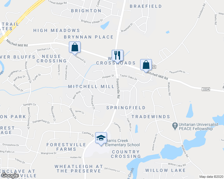 map of restaurants, bars, coffee shops, grocery stores, and more near 3612 Deering Drive in Raleigh