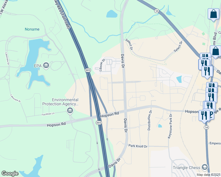 map of restaurants, bars, coffee shops, grocery stores, and more near 362 Davis Drive in Morrisville