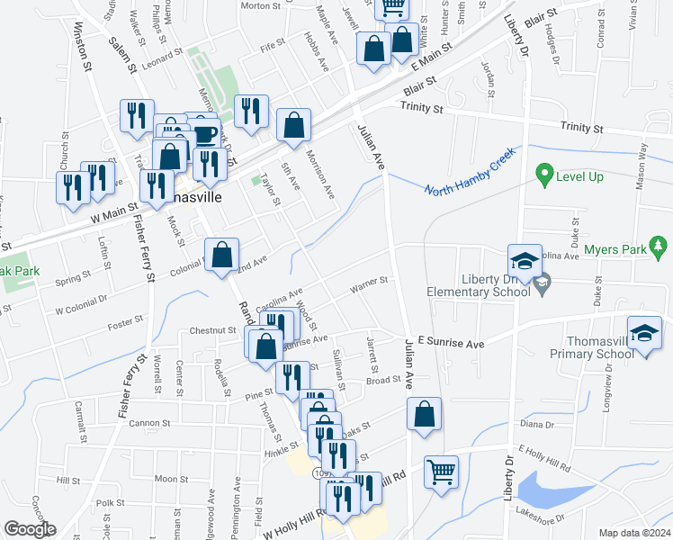 map of restaurants, bars, coffee shops, grocery stores, and more near 206 Carolina Avenue in Thomasville