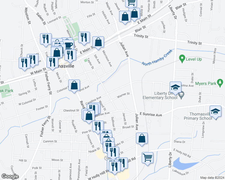 map of restaurants, bars, coffee shops, grocery stores, and more near 206 Carolina Avenue in Thomasville