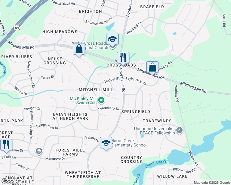 map of restaurants, bars, coffee shops, grocery stores, and more near 3608 Deering Drive in Raleigh