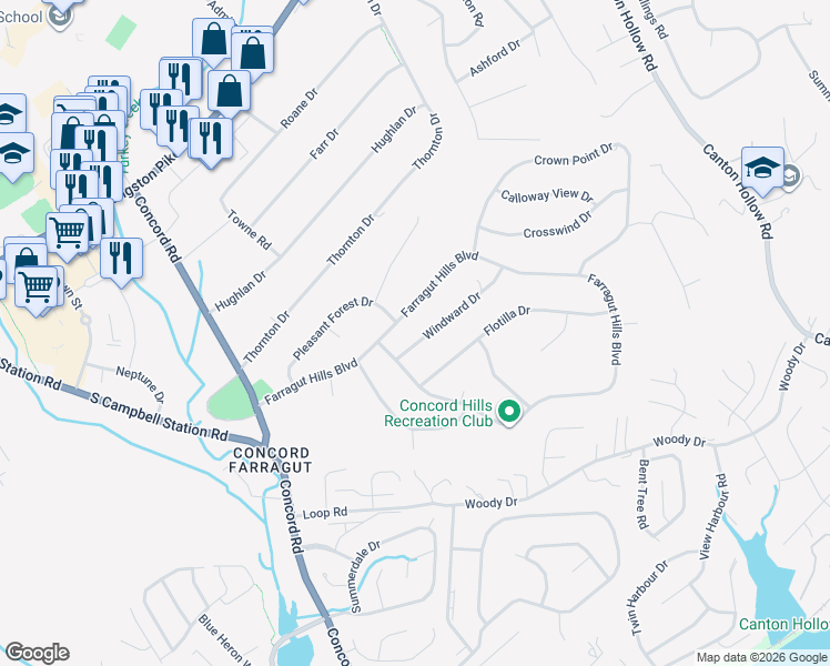 map of restaurants, bars, coffee shops, grocery stores, and more near 11137 Windward Drive in Knoxville