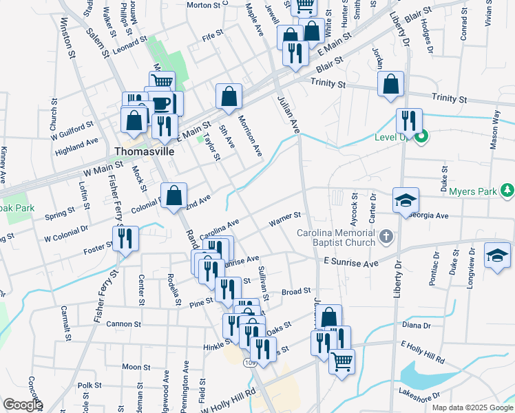 map of restaurants, bars, coffee shops, grocery stores, and more near 204 Carolina Avenue in Thomasville