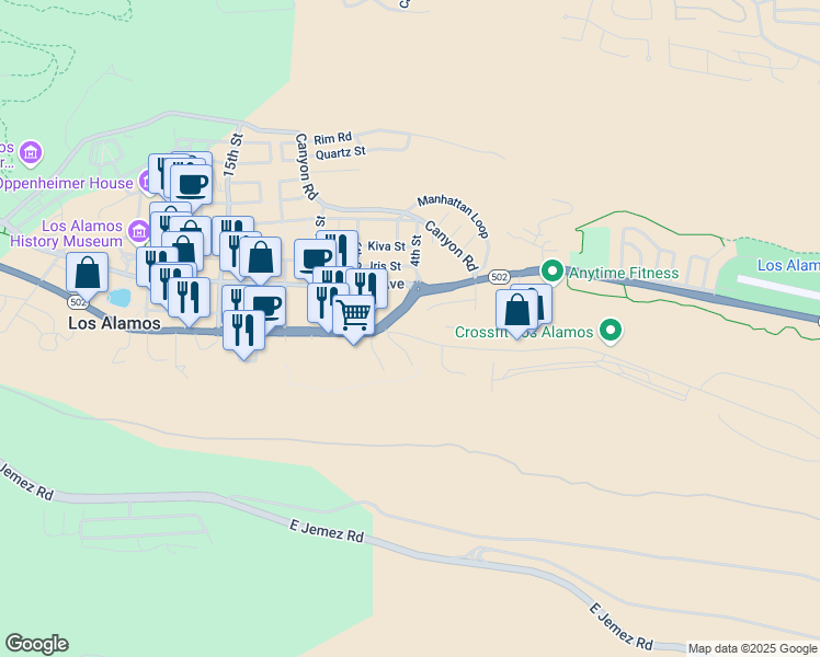 map of restaurants, bars, coffee shops, grocery stores, and more near 401 Trinity Drive in Los Alamos