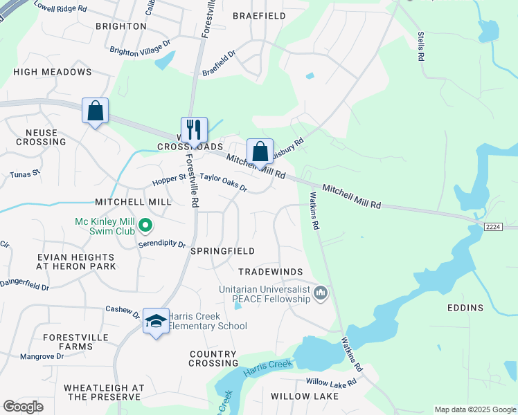 map of restaurants, bars, coffee shops, grocery stores, and more near 4105 Morning Blossum Place in Raleigh