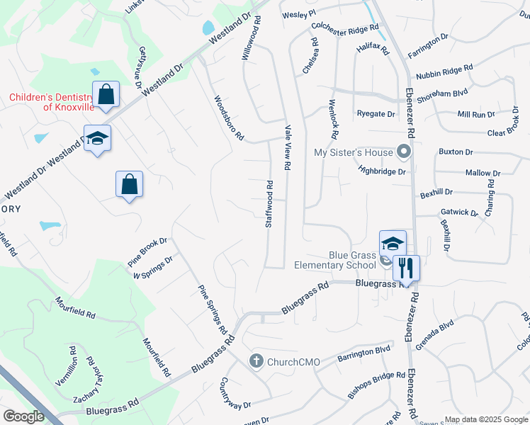 map of restaurants, bars, coffee shops, grocery stores, and more near 9201 Manor Crest Lane in Knoxville