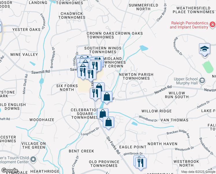 map of restaurants, bars, coffee shops, grocery stores, and more near 297 Sandy Creek Drive in Raleigh