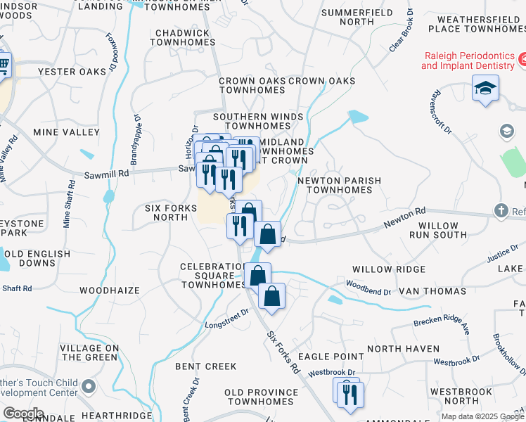 map of restaurants, bars, coffee shops, grocery stores, and more near 7300 Sandy Creek Drive in Raleigh
